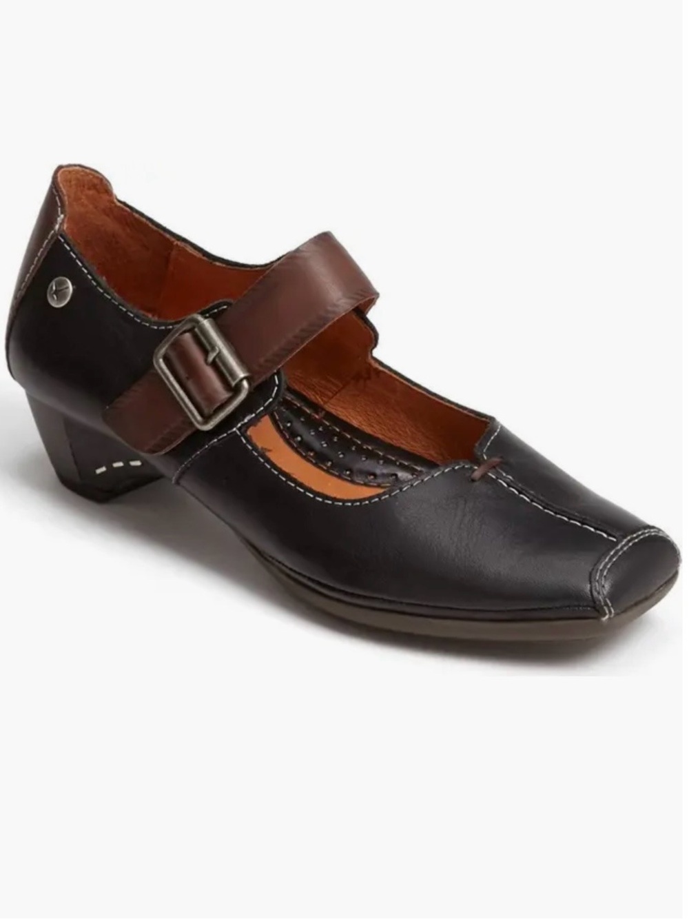 Pikolinos Gandia Square Toe Black /Brown Leather Mary Jane Shoes Women's 40